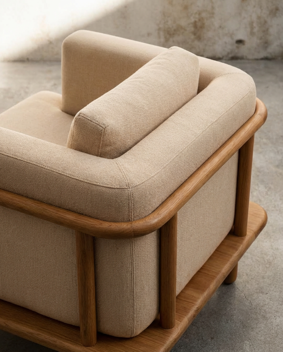 KI-produzierte Produktvisualisierung: Lounge Chair mit Holzrahmen in verschiedenen Interiorumgebungen und realen Detailaufnahmen.