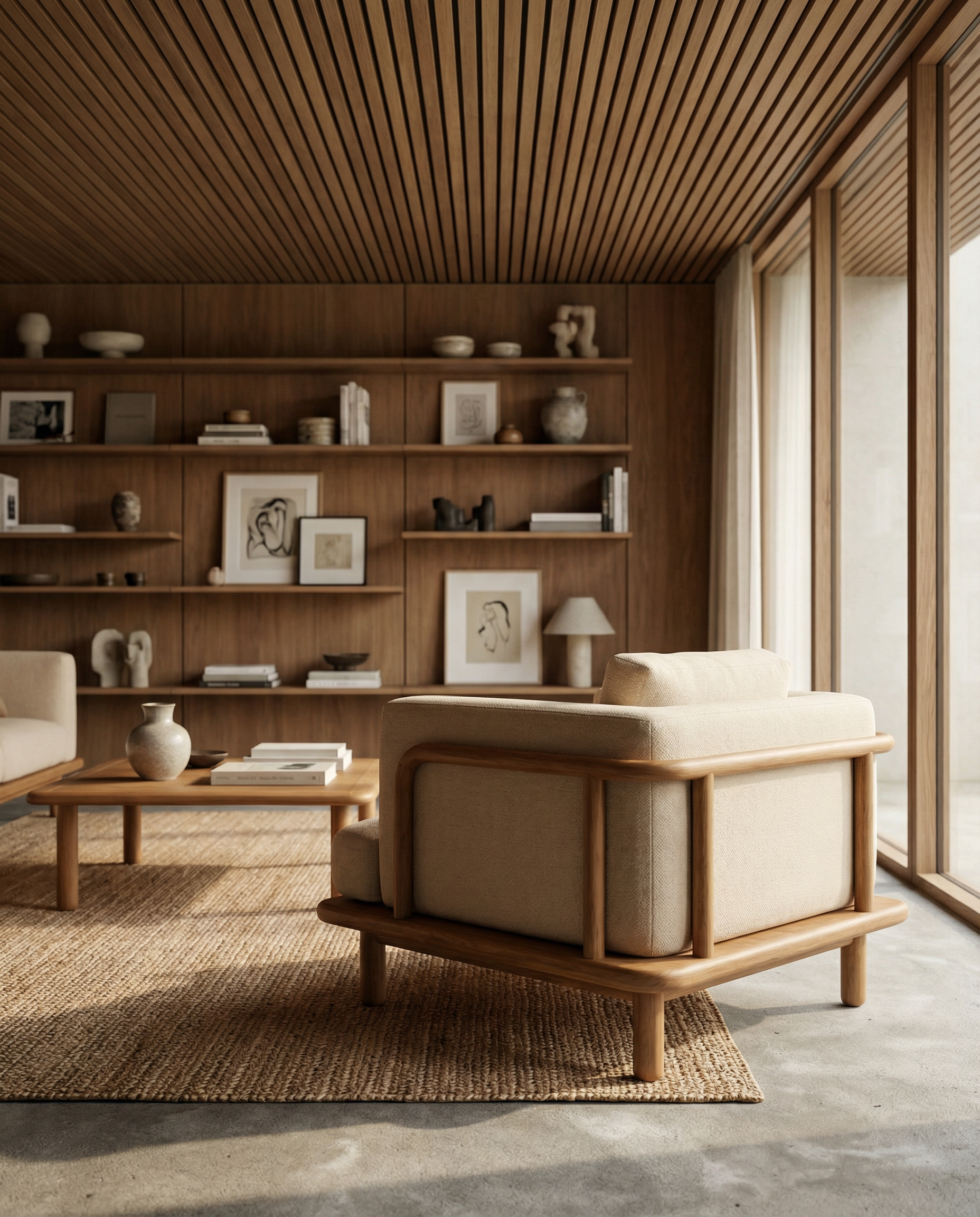 KI-produzierte Produktvisualisierung: Lounge Chair mit Holzrahmen in verschiedenen Interiorumgebungen und realen Detailaufnahmen.