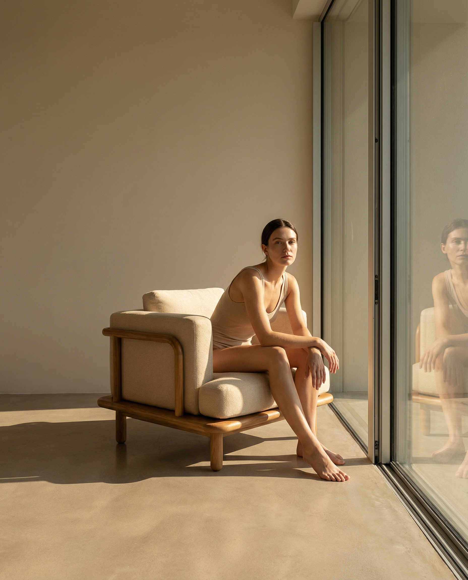 KI-produzierte Produktvisualisierung: Lounge Chair mit Holzrahmen in verschiedenen Interiorumgebungen und realen Detailaufnahmen.
