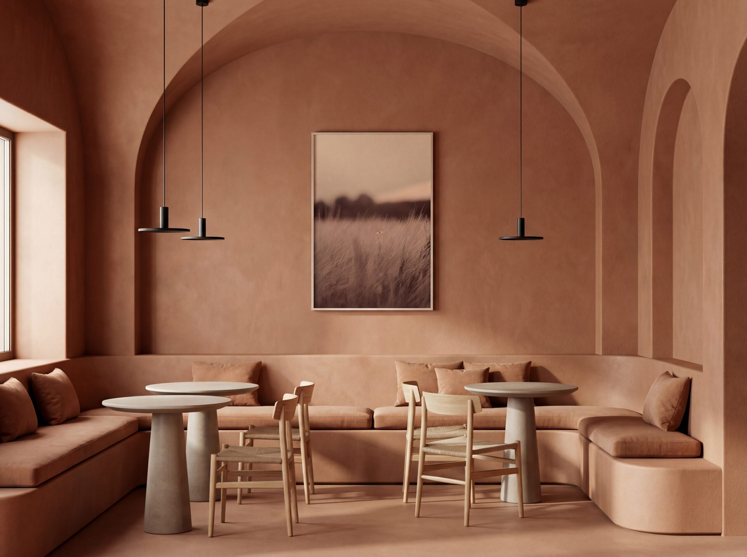 KI-produzierte Interiorvisualisierung: Fotografie als gerahmtes Kunstwerk in einem modernen Wohnraum inszeniert.