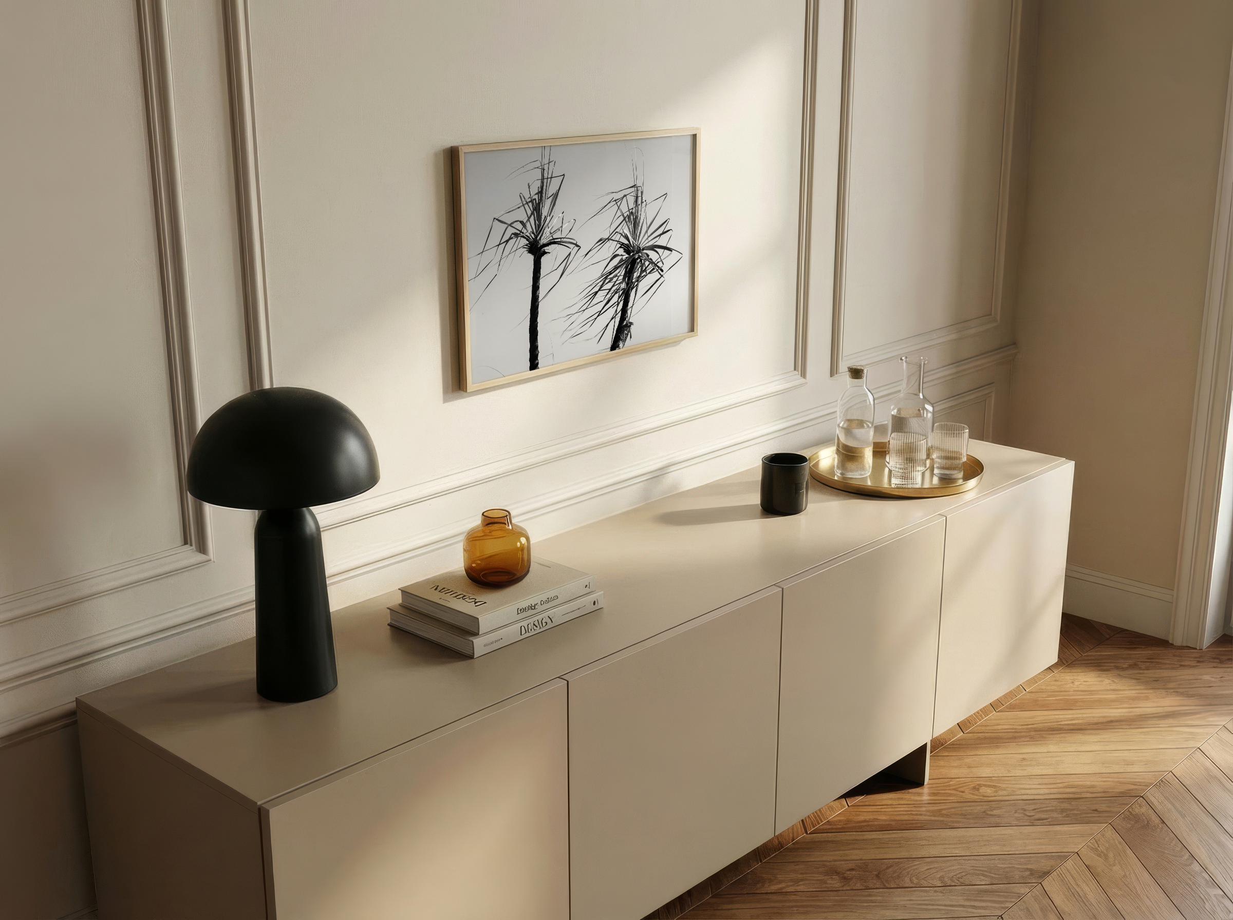 KI-produzierte Interiorvisualisierung: Fotografie als gerahmtes Kunstwerk in einem modernen Wohnraum inszeniert.