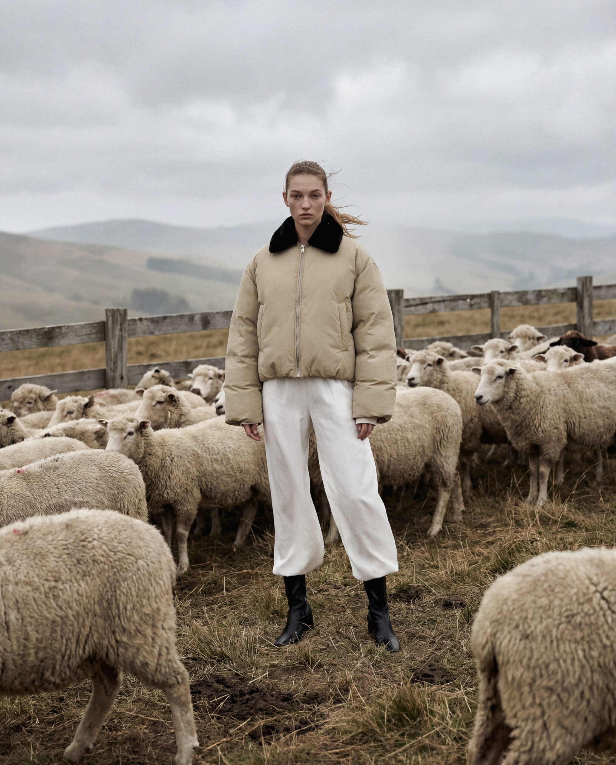 KI-produzierte Fashion-Kampagne: On-Model-Motive einer Herbst-Winter-Kollektion in natürlicher Landschaftsumgebung.