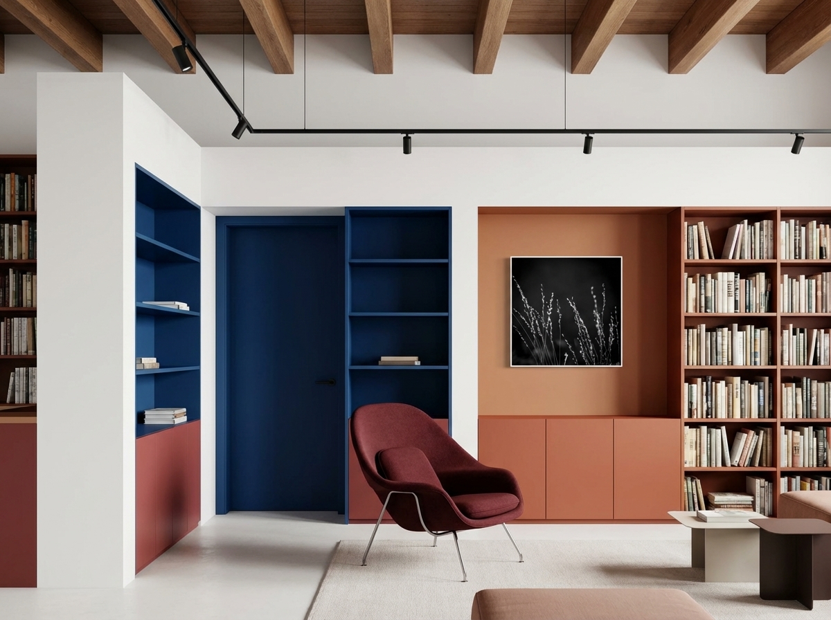 KI-produzierte Interiorvisualisierung: Fotografie als gerahmtes Kunstwerk in einem modernen Wohnraum inszeniert.