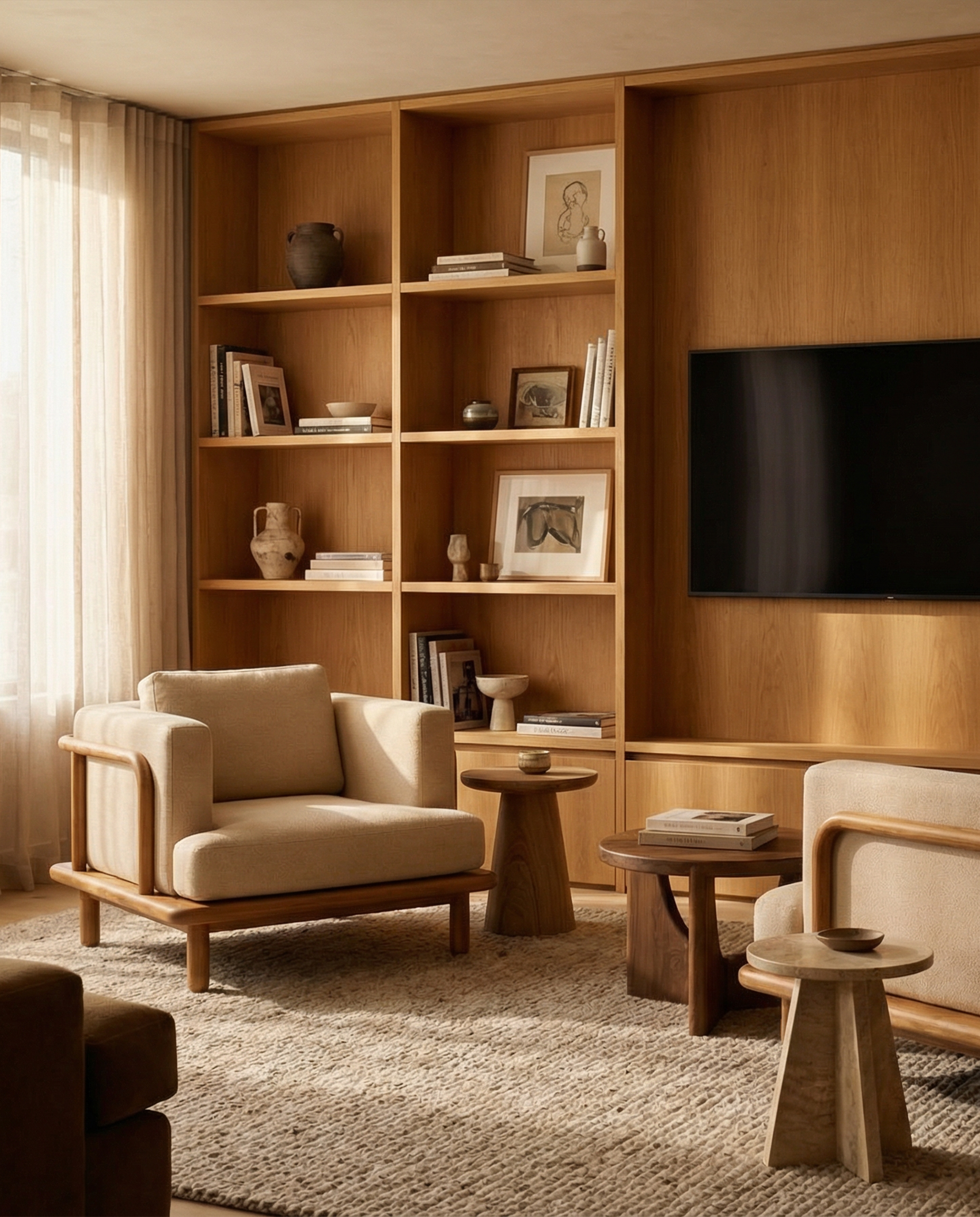 KI-produzierte Produktvisualisierung: Lounge Chair mit Holzrahmen in verschiedenen Interiorumgebungen und realen Detailaufnahmen.