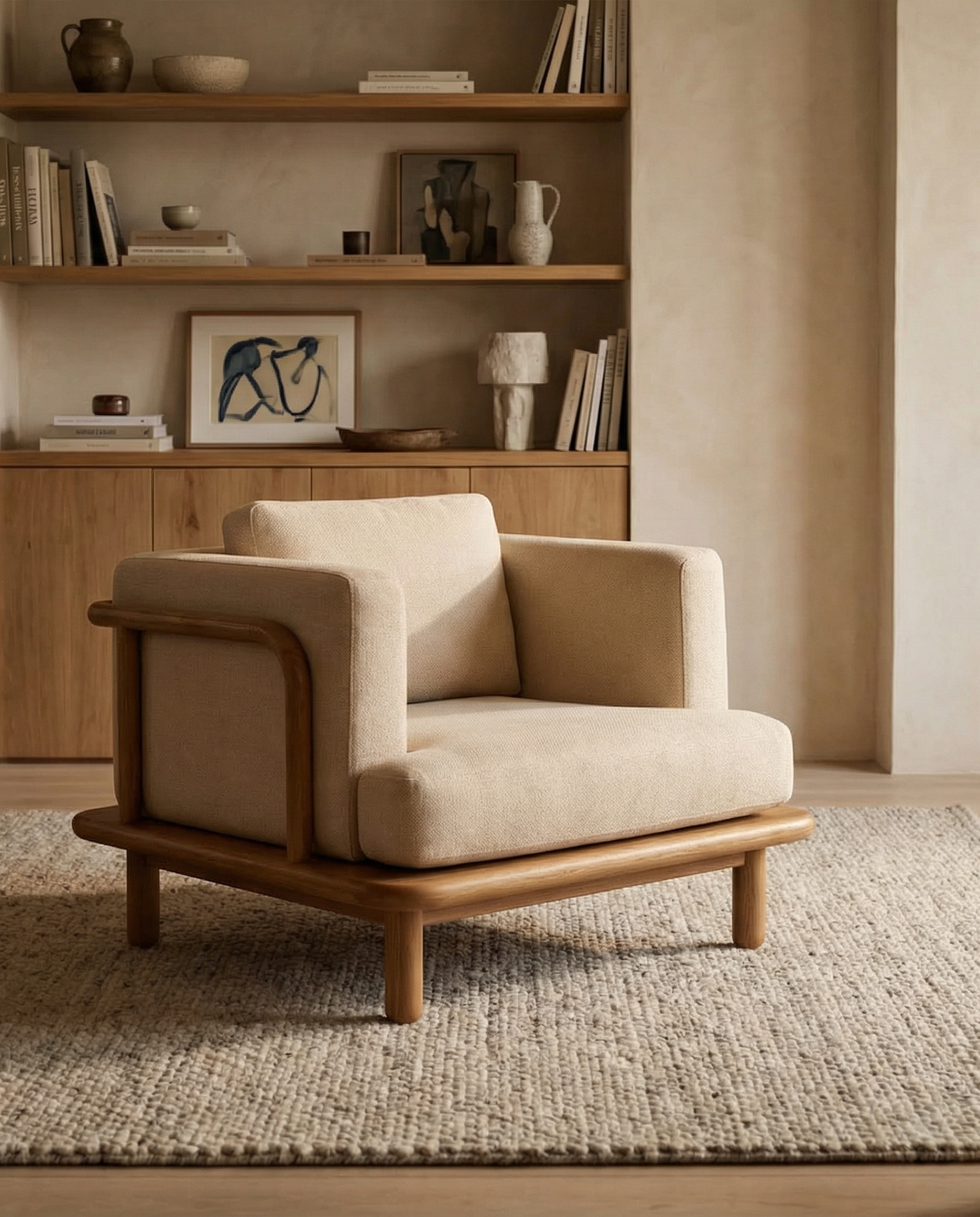 KI-produzierte Produktvisualisierung: Lounge Chair mit Holzrahmen in verschiedenen Interiorumgebungen und realen Detailaufnahmen.
