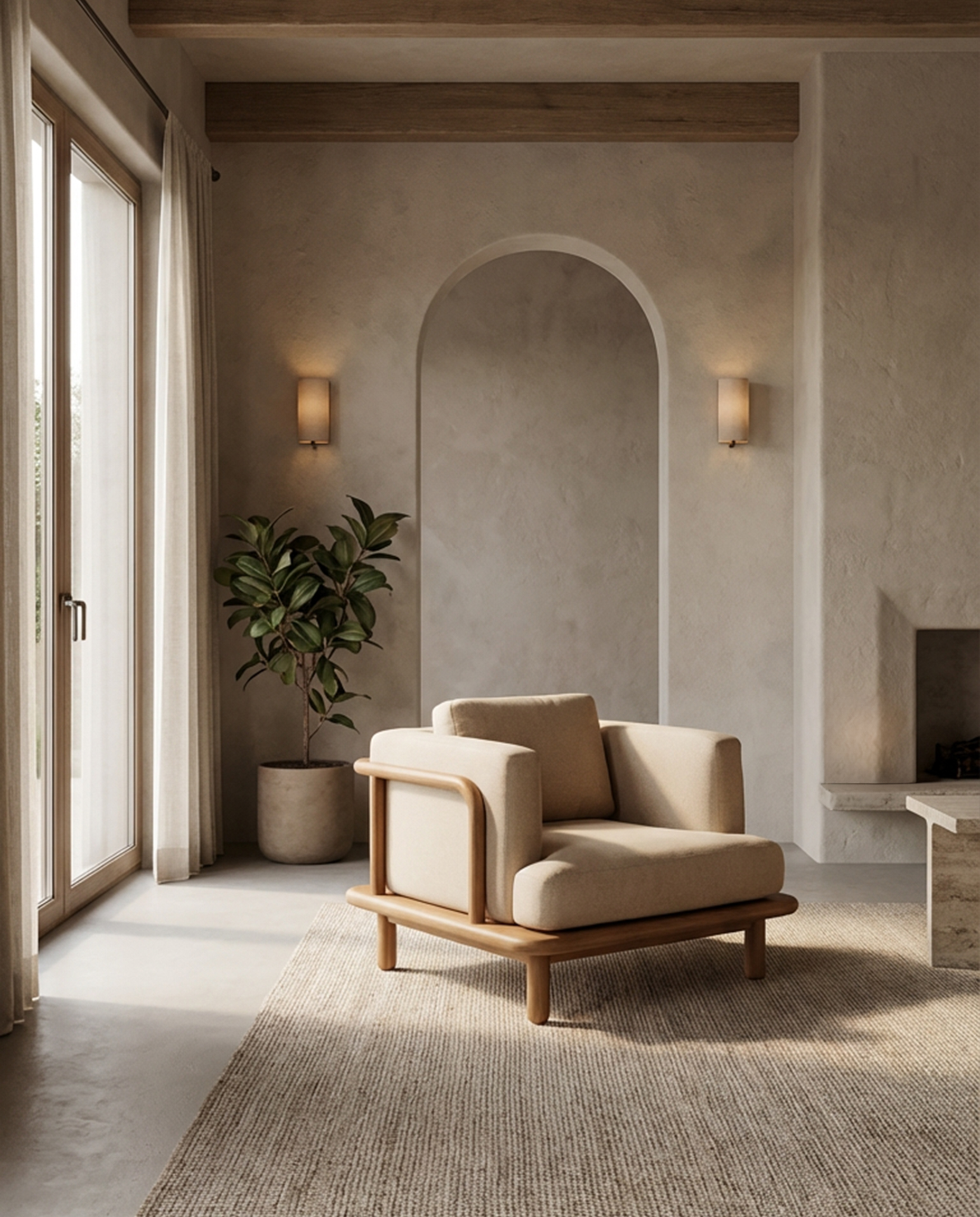 KI-produzierte Produktvisualisierung: Lounge Chair mit Holzrahmen in verschiedenen Interiorumgebungen und realen Detailaufnahmen.