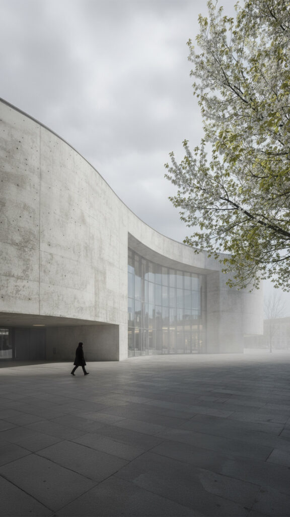 KI-produzierte Architekturvisualisierung: Geschwungenes Sichtbeton-Gebäude