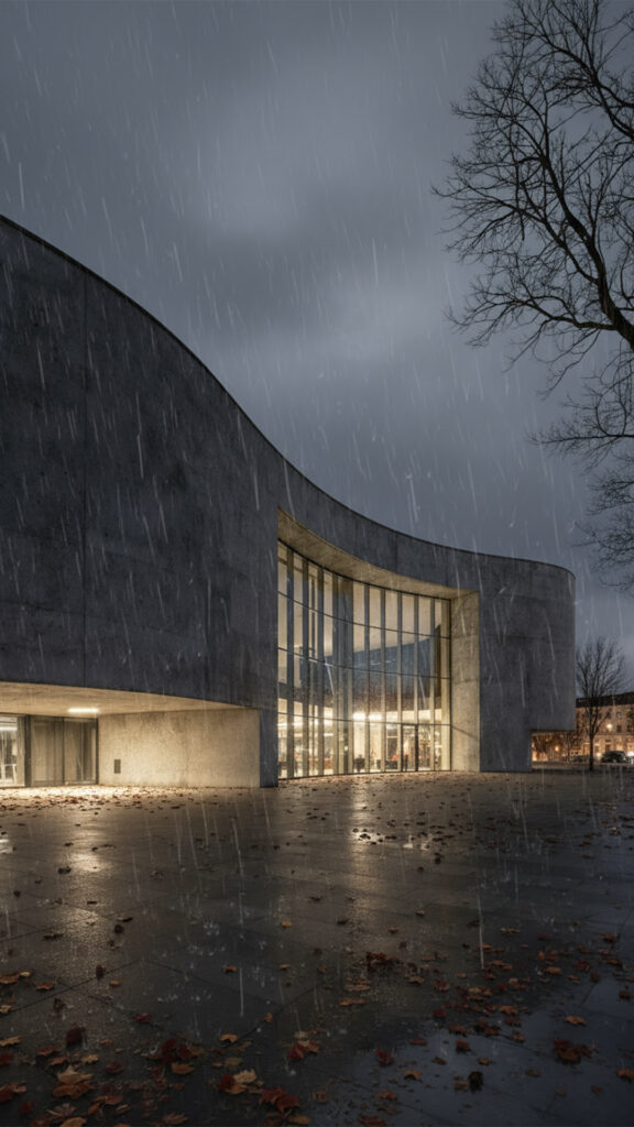 KI-produzierte Architekturvisualisierung: Geschwungenes Sichtbeton-Gebäude
