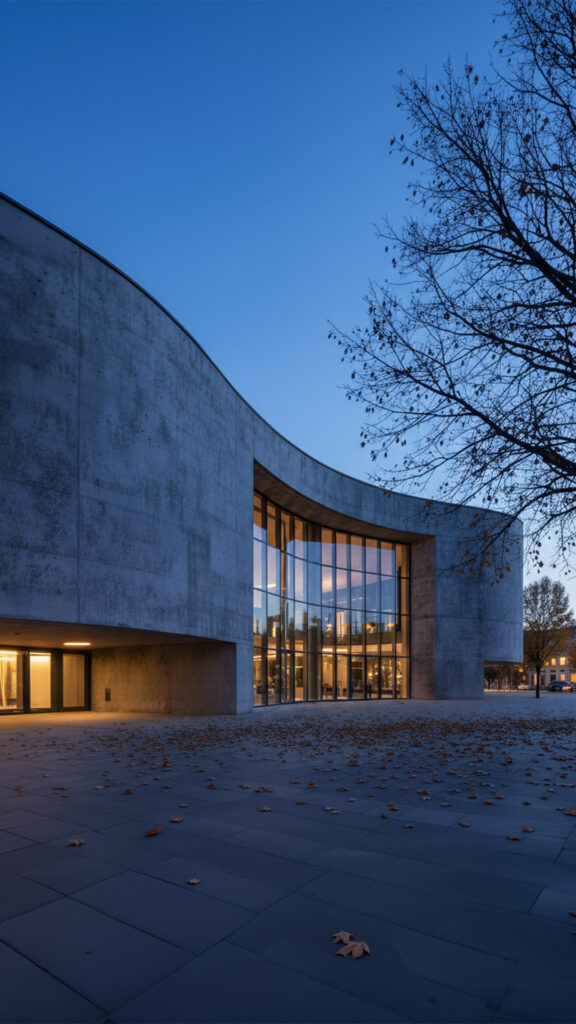 KI-produzierte Architekturvisualisierung: Geschwungenes Sichtbeton-Gebäude
