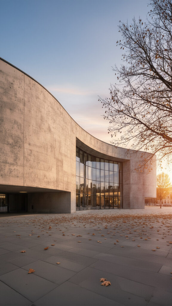 KI-produzierte Architekturvisualisierung: Geschwungenes Sichtbeton-Gebäude