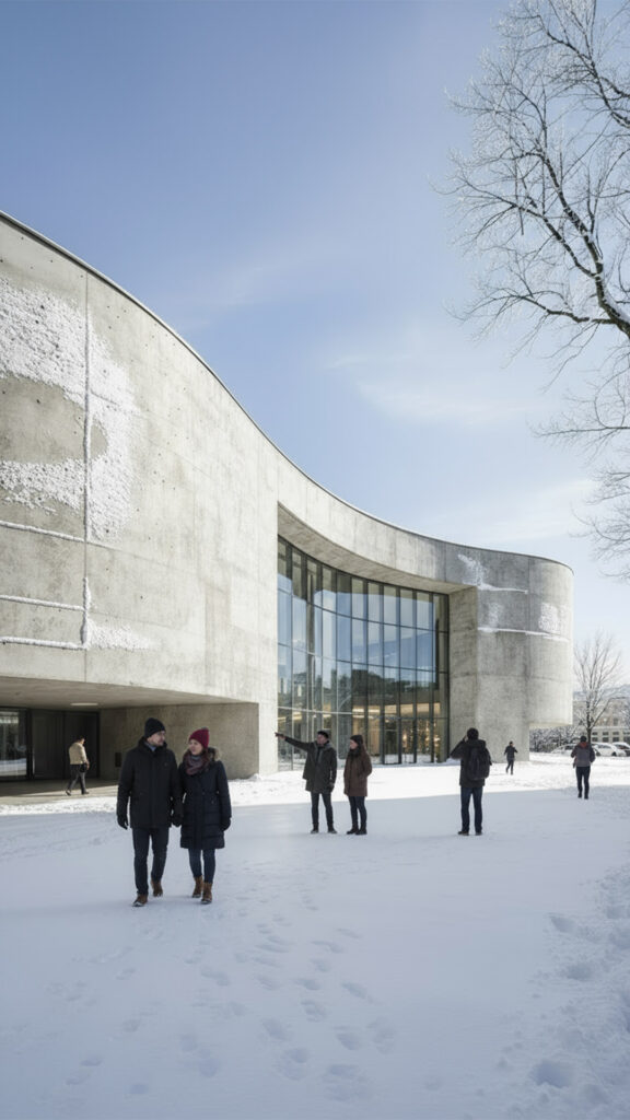KI-produzierte Architekturvisualisierung: Geschwungenes Sichtbeton-Gebäude