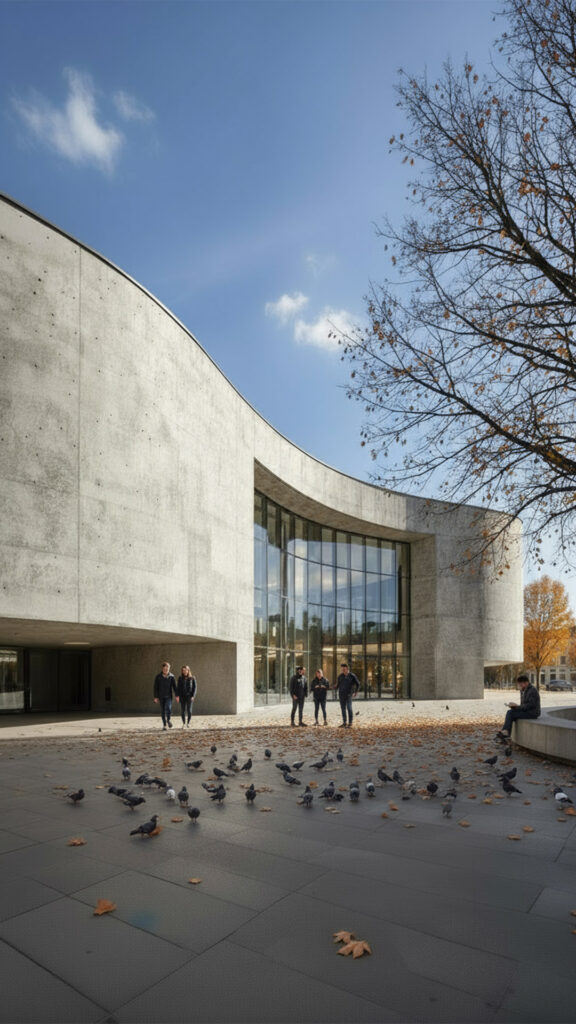 KI-produzierte Architekturvisualisierung: Geschwungenes Sichtbeton-Gebäude