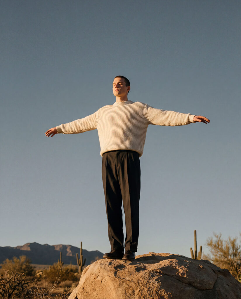 KI-produzierte Menswear Kampagne: Model in cremefarbenem Rippenstrickpullover in amerikanischer Wüstenlandschaft bei Sonnenuntergang
