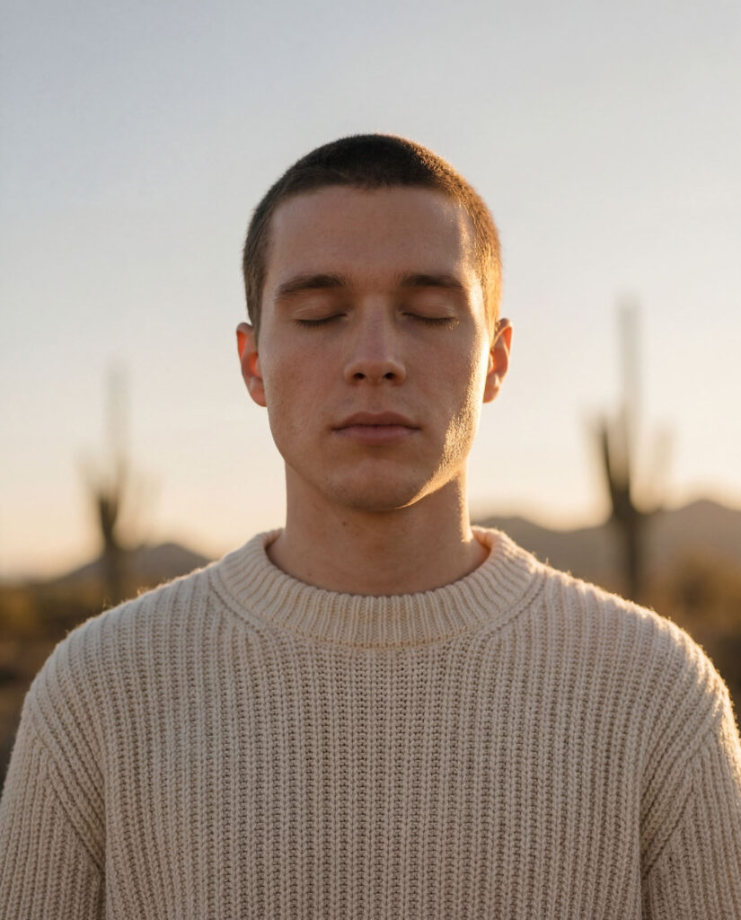 KI-produzierte Menswear Kampagne: Model in cremefarbenem Rippenstrickpullover in amerikanischer Wüstenlandschaft bei Sonnenuntergang