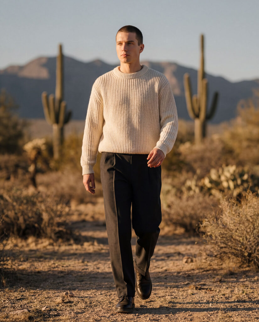 KI-produzierte Menswear Kampagne: Model in cremefarbenem Rippenstrickpullover in amerikanischer Wüstenlandschaft bei Sonnenuntergang