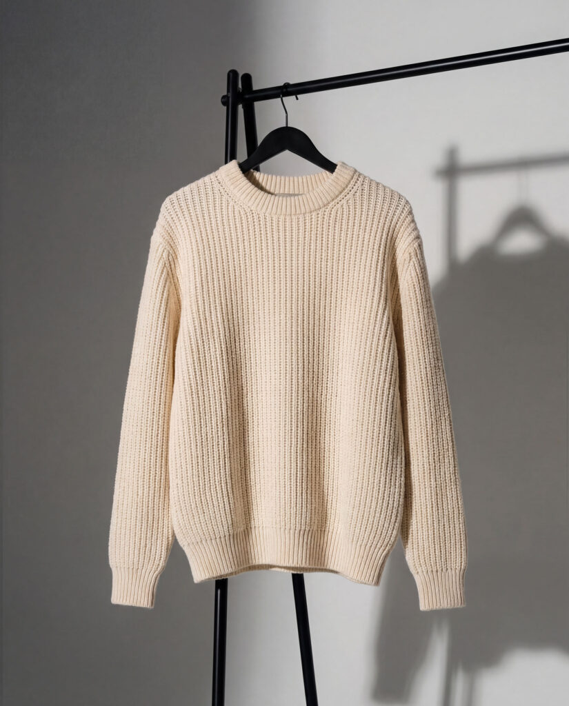 KI-produzierte Menswear Kampagne: Model in cremefarbenem Rippenstrickpullover in amerikanischer Wüstenlandschaft bei Sonnenuntergang