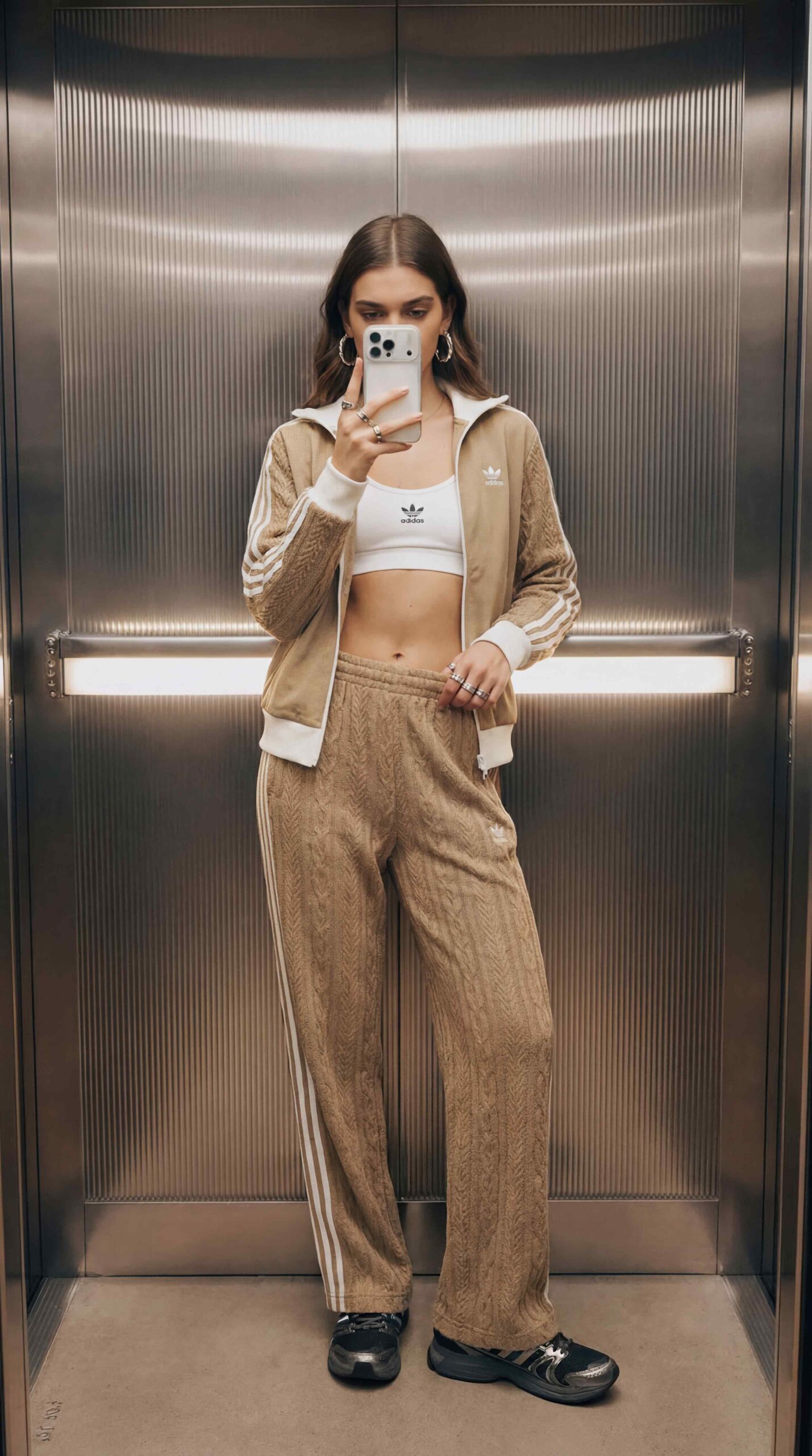 KI-produzierte UGC-Kampagne: Mirror-Selfie-Motive eines KI-Avatars in verschiedenen Outfits im Aufzug-Setting.