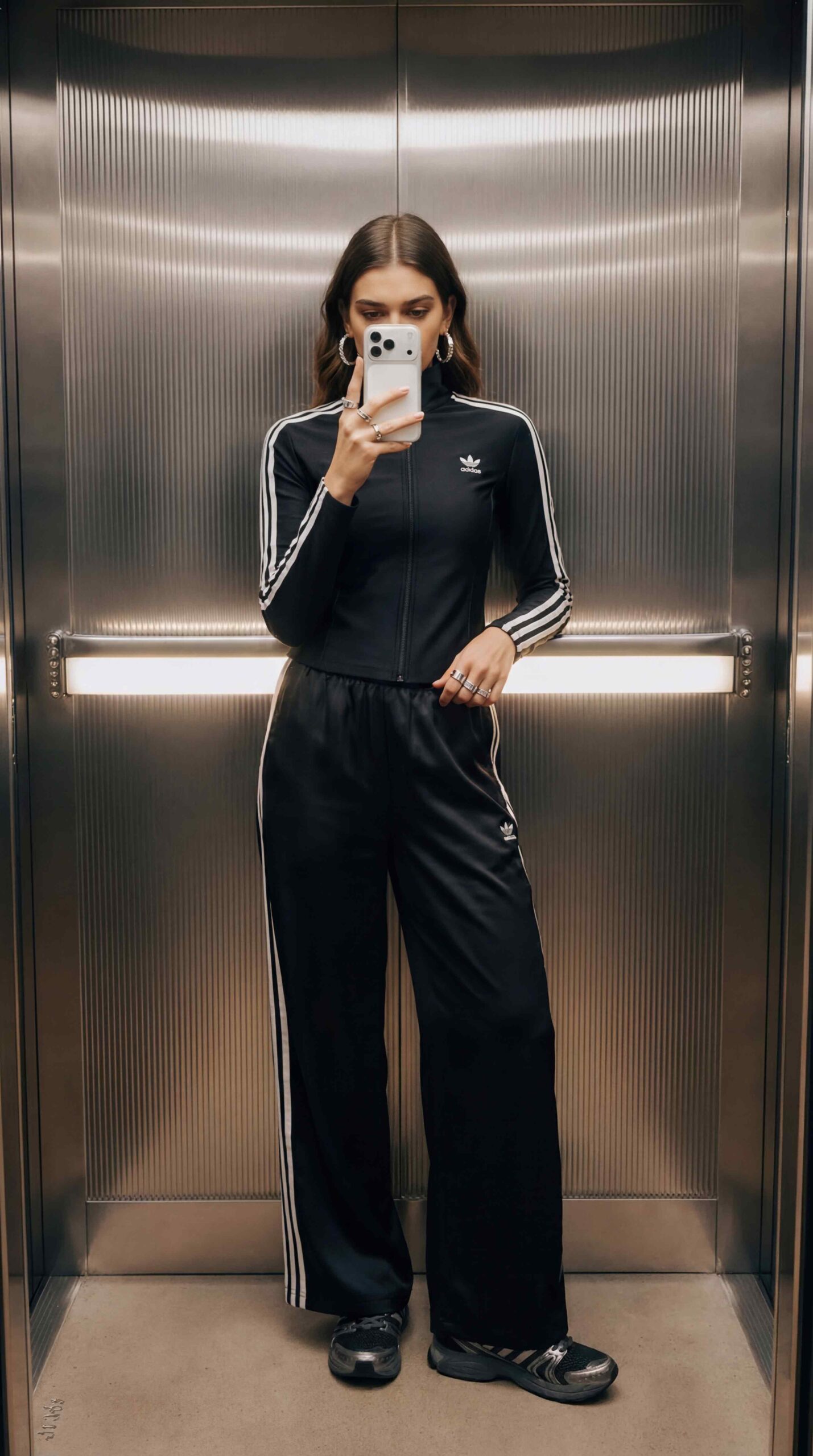 KI-produzierte UGC-Kampagne: Mirror-Selfie-Motive eines KI-Avatars in verschiedenen Outfits im Aufzug-Setting.