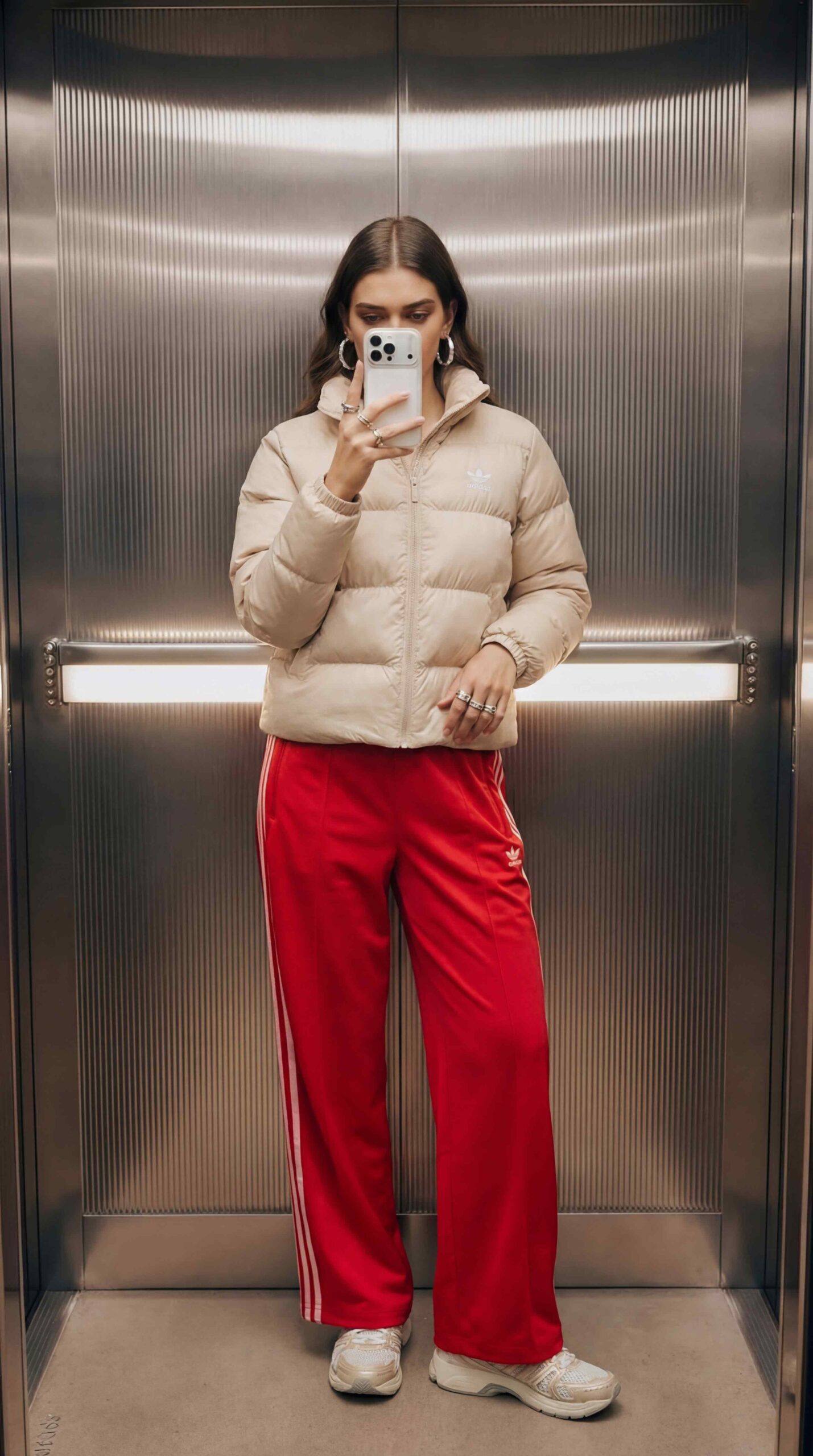 KI-produzierte UGC-Kampagne: Mirror-Selfie-Motive eines KI-Avatars in verschiedenen Outfits im Aufzug-Setting.